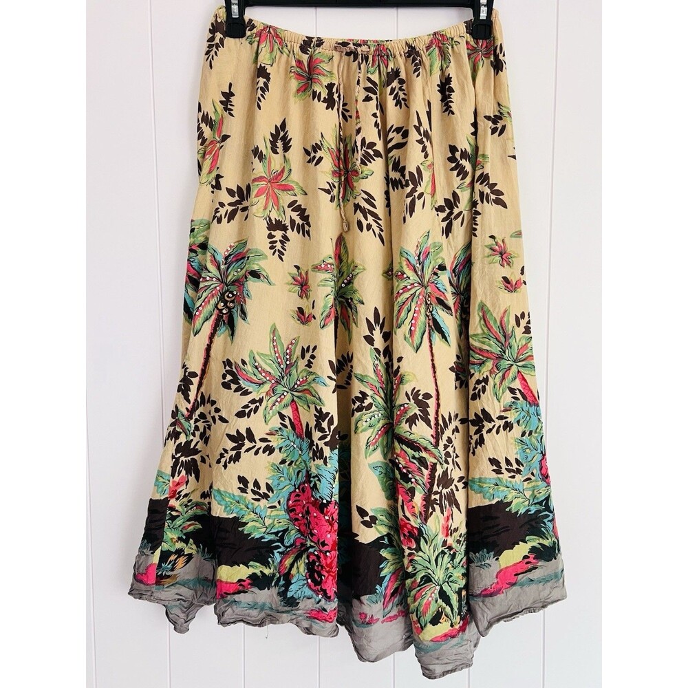 Vintage White Stag Colorful Tropical Palm Tree Floral Sequin Midi Skirt Boho Lg